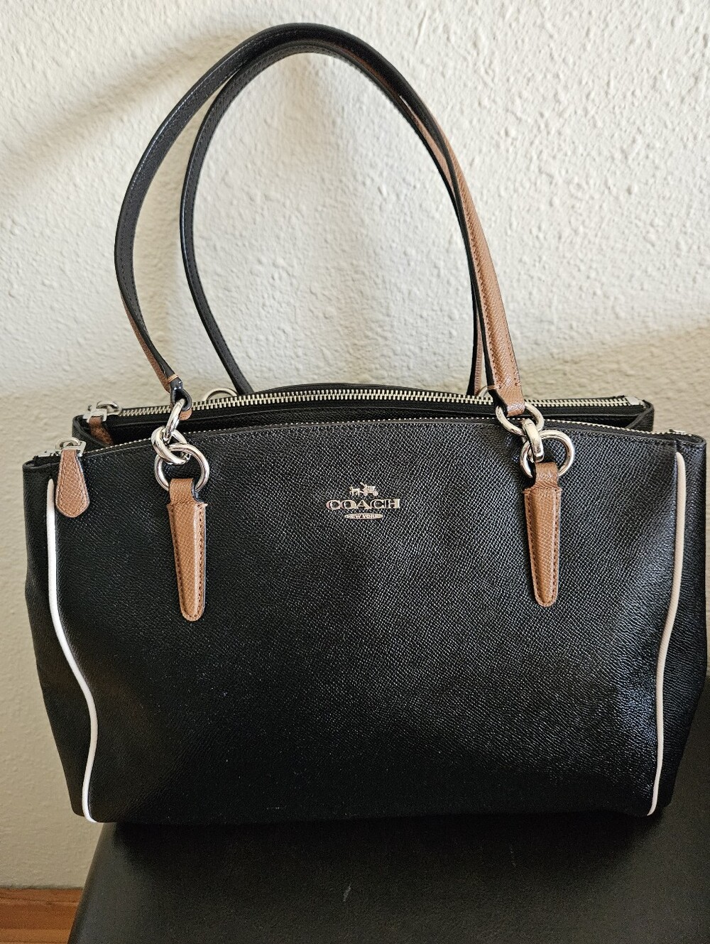 Coach Christie Carryall Midnight Leather Tote with Brown Handles